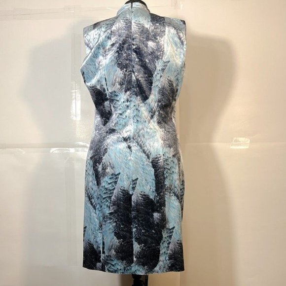 Tahari ASL NWOT Sz 16 Feather Print Velvet Feel Sheath Deep V Collar Dress - Picture 4 of 4